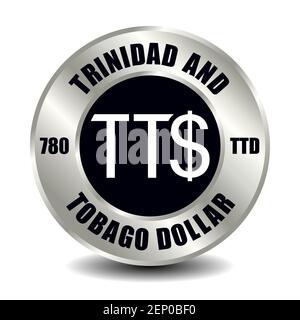 Trinidad und Tobago Geldsymbol isoliert auf runder Silbermünze. Vektorzeichen des Währungssymbols mit internationalem ISO-Code und Abkürzung Stock Vektor