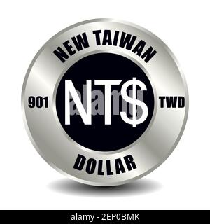 Taiwan Geld Symbol isoliert auf runden Silbermünze. Vektorzeichen des Währungssymbols mit internationalem ISO-Code und Abkürzung Stock Vektor