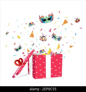 Öffne die Geschenkbox mit Konfetti und Karnevalsparty-Element Stock Vektor