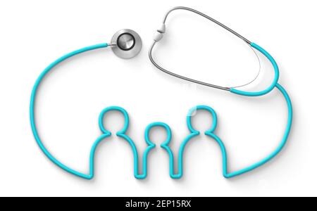 Familie geformtes Stethoskop, medizinische Familienversicherung isoliert auf weißem Hintergrund. 3D Rendern. Stockfoto