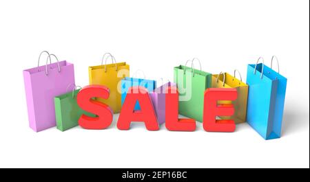 WORTVERKAUF und Papiertüten zum Einkaufen. Isoliert auf weißem Hintergrund. 3D Rendern. Stockfoto