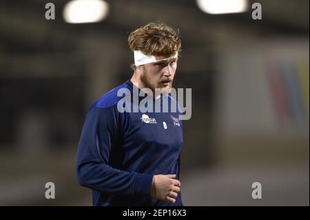 Eccles, Großbritannien. Februar 2021, 26th. Daniel du Preez von Sale Sharks beim Warm Up in Eccles, UK am 2/26/2021. (Foto von Richard Long/News Images/Sipa USA) Quelle: SIPA USA/Alamy Live News Stockfoto