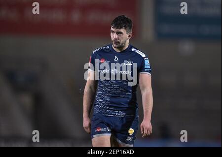 Eccles, Großbritannien. Februar 2021, 26th. Cameron Neild of Sale Sharks während des Spiels in Eccles, UK am 2/26/2021. (Foto von Richard Long/News Images/Sipa USA) Quelle: SIPA USA/Alamy Live News Stockfoto