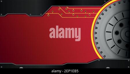 Hintergrund mit schwarzer Metallplatte und Gruppe von konzentrischen Zahnrädern auf der rechten Seite auf dem roten Hintergrund mit gelben Linien. Vektorbild Stock Vektor