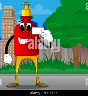Cartoon-Flasche Handdesinfektionsgel für Hygiene mit Gesicht hält leere weiße Karte Mockup. Stock Vektor