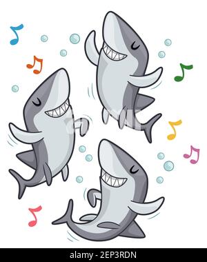 Illustration von Haie Maskottchen lächelnd und tanzend zur Musik Stockfoto