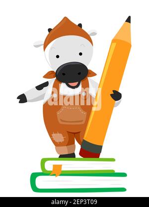 Illustration einer Farm Kuh trägt Jumper und halten ein Großer Bleistift steht auf Büchern Stockfoto