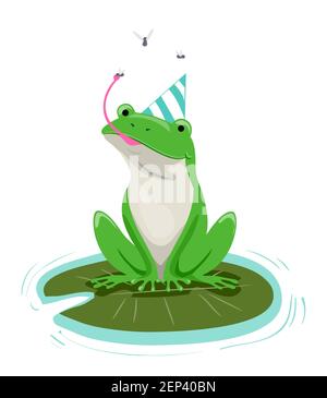 Abbildung eines Frosches, der auf einem Lily Pad sitzt, Insekte fängt und einen Geburtstagshut trägt Stockfoto