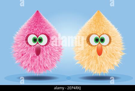 Flauschige und pelzige Pompons in rosa und orange gelbe Farbe auf blauem Hintergrund für Spielzeug, Präsentation, Party, Fun-Objekt Stock Vektor