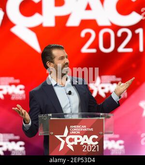 Orlando, Usa. Februar 2021, 26th. Don Trump, Jr. spricht bei der Conservative Political Action Conference 2021 im Hyatt Regency an die Teilnehmer. Der ehemalige US-Präsident Donald Trump soll sich am letzten Tag der Konferenz an die Teilnehmer wenden. Kredit: SOPA Images Limited/Alamy Live Nachrichten Stockfoto