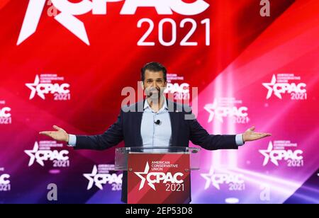 Orlando, Usa. Februar 2021, 26th. Donald Trump, Jr. spricht bei der Conservative Political Action Conference 2021 im Hyatt Regency an die Teilnehmer. Der ehemalige US-Präsident Donald Trump soll sich am letzten Tag der Konferenz an die Teilnehmer wenden. Kredit: SOPA Images Limited/Alamy Live Nachrichten Stockfoto