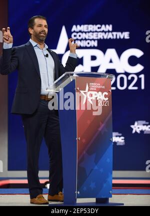 Orlando, Usa. Februar 2021, 26th. Don Trump, Jr. spricht bei der Conservative Political Action Conference 2021 im Hyatt Regency an die Teilnehmer. Der ehemalige US-Präsident Donald Trump soll sich am letzten Tag der Konferenz an die Teilnehmer wenden. Kredit: SOPA Images Limited/Alamy Live Nachrichten Stockfoto