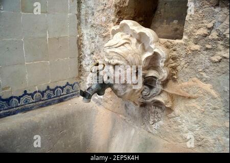 Geschnitzt in Stein Löwenkopf Wasserhahn in der Küche des Klosters Alcobaca, Alcobaca, Portugal Stockfoto