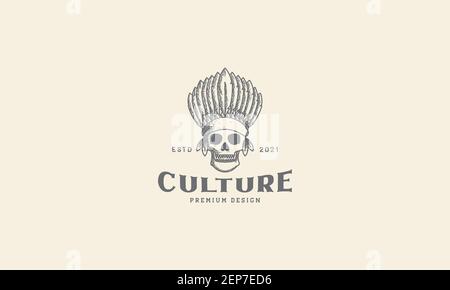 Gravieren Sie Schädel mit Tribal Kopfschmuck Federn Indianer Logo Design Vektor Symbol Symbol Symbol Grafik Abbildung Stock Vektor