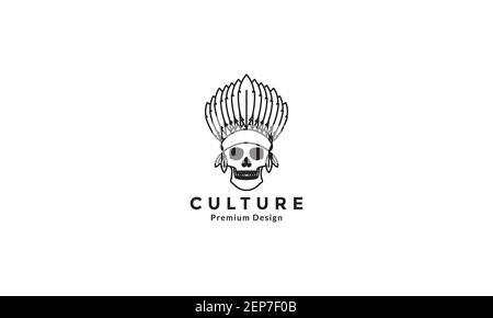 Linien Schädel mit Tribal Kopfschmuck Federn Indianisches Logo Design Vektor Symbol Symbol Symbol Grafik Abbildung Stock Vektor