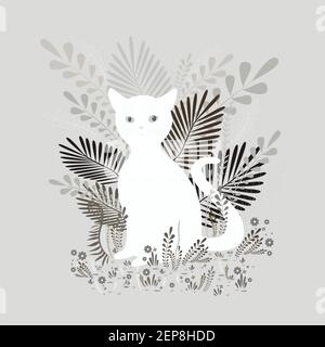 Nette weiße Katze sitzen in Laub und Blumen, in grauen Farben Töne, isolierten Hintergrund. Dekorative Vektor-Illustration mit Tier. Monochrom-Cartoon f Stock Vektor
