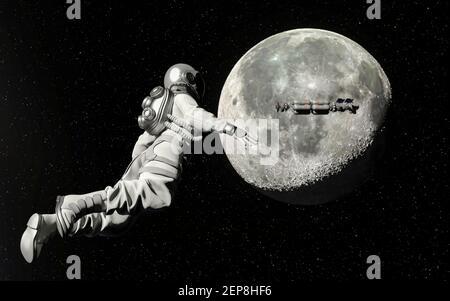 Astronaut im Weltraum mit Mondhintergrund - 3D Rendering Stockfoto