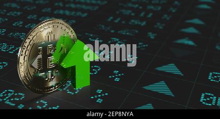 3D Börsenwert. Globales Börsenkonzept: Grüner Aufwärtspfeil zeigt nach oben. Kryptowährung, Bitcoin oder BTC-Symbol vor Finanzdaten Stockfoto