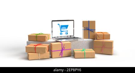 Global eCommerce, Online-Handel und Konsumverhalten Konzept: Drei 3D gerenderte Geschenkboxen. Ein Laptop auf einem Podium mit Einkaufswagen auf dem Bildschirm. Stockfoto