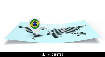 3D gerenderter Locator für Länderkarten, der auf ein globales Ziel auf einer flachen Weltkarte zeigt. Symbol trägt DIE FLAGGE BRASILIENS. Isolierte Illustration mit Kopierbereich Stockfoto