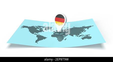 3D gerenderter Locator für Länderkarten, der auf ein globales Ziel auf einer flachen Weltkarte zeigt. Symbol trägt deutsche Flagge. Isolierte Illustration mit Kopierbereich Stockfoto