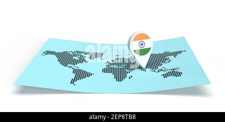 Eine 3D gerenderte Länderkarte, die auf ein globales Ziel auf einer flachen Weltkarte zeigt. Symbol trägt DIE FLAGGE INDIENS. Isolierte Illustration mit Kopierbereich Stockfoto