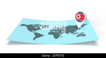 3D gerenderter Locator für Länderkarten, der auf das globale Ziel zeigt. Flache Weltkarte. Symbol trägt NORDKOREAFLAGGE. Isolierte Illustration mit Kopierbereich Stockfoto