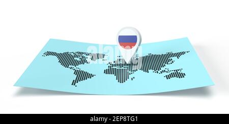 3D gerenderter Locator für Länderkarten, der auf ein globales Ziel auf einer flachen Weltkarte zeigt. Symbol trägt RUSSLAND Flagge. Isolierte Illustration mit Kopierbereich Stockfoto