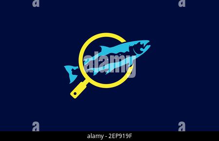 Fisch Lachs mit Lupe Logo Design Vektor Symbol Symbol Abbildung Stock Vektor