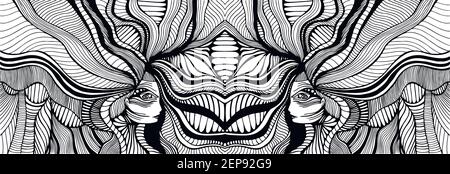 Malseite mit psychedelischen Fantasy-Mädchen mit Wellenhaar. Vektor Hand gezeichnet Illustration Antistress Doodle Cartoon-Karte. Tribal ethnisch abstrakt Bac Stock Vektor