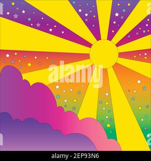 Vintage bunte psychedelische Landschaft mit Sonne und Wolken, Sterne. Vektor Cartoon lebendige Verlaufsfarben Hintergrund. Stock Vektor