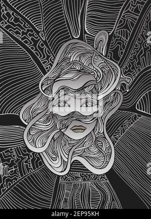 Steampunk Cyborg Gesicht Mädchen Kunst, isoliert Gradien Metallic Farbe silbergrau Umriss auf dunklem Hintergrund. Surreal fantastische Doodle Stil Frau. Vektor h Stock Vektor