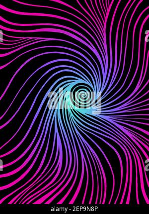 Bunte Twisted Doodle Linie Kunst Muster, Noen Gradient blau violett rosa Farbe Umriss, isoliert auf schwarzem Hintergrund. Psychedelische stilvolle Karte. Vecto Stock Vektor