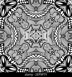 Malseite Ethnische komplizierte Mandala mit dekorativen Doodle Ornament. Künstlerisches psychedelisches Antistress-Muster. Schwarz-weiß-böhmischer Stil. Vecto Stock Vektor