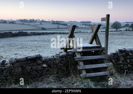 Ein Holzstile, der Trockensteinmauern zwischen Feldern auf den Mendip Hills in der Nähe von Priddy, Somerset, Großbritannien, kreuzt. Stockfoto