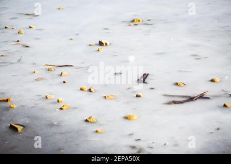 Steine auf gefrorenem Eis, Deininger Weiher Stockfoto