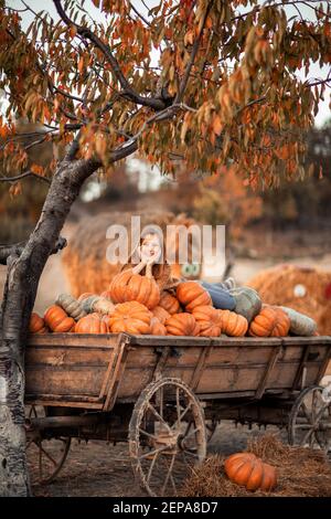 Ein Mädchen liegt auf einem Trolley mit reifen Kürbissen Stockfoto