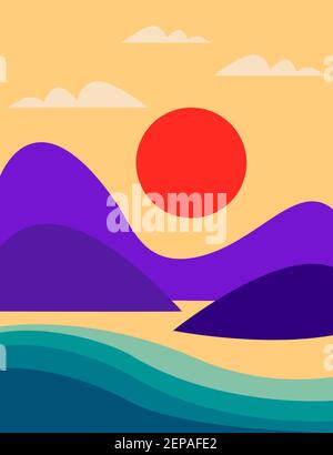 Meereslandschaft mit Bergen, Meer und orangefarbener Sonne. Flacher Stil marine bunte Sommerlandschaft. Vektor-Illustration mit Cartoon abstrakte Landschaft. Stock Vektor