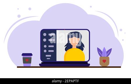 Bleiben und arbeiten Sie von zu Hause aus während des Ausbruchs des COVID-19-Virus. Virtuelle Arbeitsbesprechung. Arbeitsplatz, Laptop-Bildschirm, auf dem Videokonferenz angezeigt wird. Streamen, Web Stock Vektor