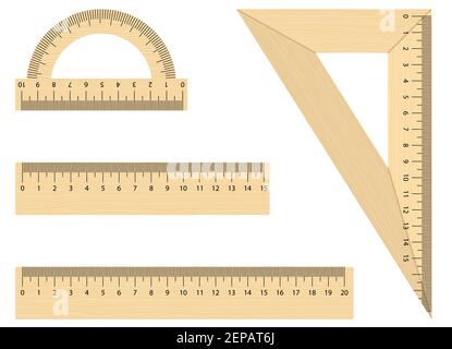 Satz von hölzernen Linealinstrumenten. Dreieckig, Winkelmesser und Messlineal 15 und 20 Zentimeter. Tools für die Vektorschule. Stock Vektor