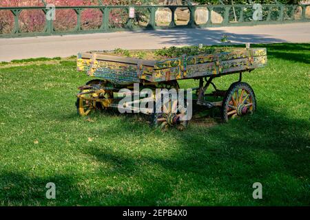 Alte und Vintage-Stil Kutschenwagen aus Holzmaterialien auf grünem Gras stehen. Auf dem Ochsenkarren befinden sich farbenfrohe Gemälde Stockfoto