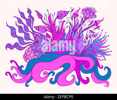 Surreal fantastischer Garten mit dekorativen hellen Blumen und Pflanzen wächst auf einer Insel aus Lianen, isoliert auf hellrosa Hintergrund. Vektor Hand dra Stock Vektor