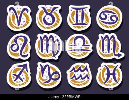 Vektor-Set von Sternzeichen, Sammlung von 12 ausgeschnittenen Astrologie Symbole mit Hand geschrieben Pinsel Sternzeichen und Cartoon-Sterne, zwölf kalligraphische Ast Stock Vektor