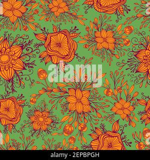 Schöne blühende Blumen nahtlose Fantasy-Muster. Orange Blüten isoliert auf grünem Hintergrund. Elegante Textur mit wilden fantastischen Blumen. Vektor Stock Vektor
