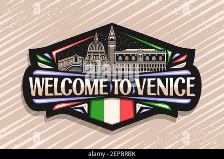 Vektor-Logo für Venedig, schwarzer dekorativer Tag mit Illustration der berühmten stadt venedig Landschaft auf Dämmerung Himmel Hintergrund, Kunst Design Tourist Kühlschrank Magnet wi Stock Vektor