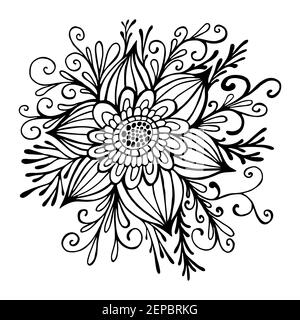 Blume eingerahmt von Blättern und Knospen Malseite. Dekorative elegante Florette isoliert auf weißem Hintergrund. Vektor handgezeichnete Illustration mit fantastisch Stock Vektor