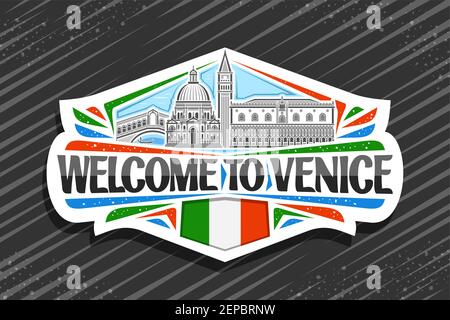 Vektor-Logo für Venedig, weißes dekoratives Zeichen mit Illustration der stadt venedig Landschaft auf Tag Himmel Hintergrund, Kunst-Design Tourist Kühlschrank Magnet mit uniq Stock Vektor
