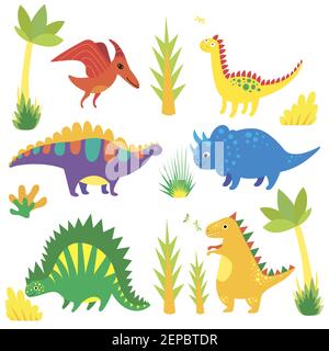 Set mit lustigen Cartoon-Dinosaurier, Triceratops, diplodocus, tyrannosaurus, stegosaurus, pterosaur, Corythosaurus. Flache Vektorgrafik mit p Stock Vektor