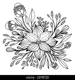 Fantasy Blume eingerahmt von Blättern und Knospen Malseite. Dekorative elegante Florette isoliert auf weißem Hintergrund. Vektor handgezeichnete Illustration mit pl Stock Vektor