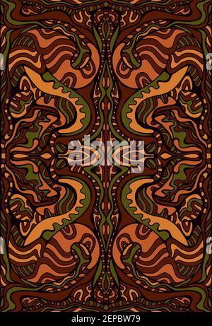 Surreal schamanisch psychedelisch verschlungenes Ornament. Vektor-Fantasy-Illustration. Abstrakt bizarr ornamental stilvolle Karte orange khaki burgundy braun dar Stock Vektor